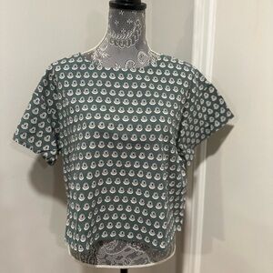 Women’s L/XL Cotton Boxy Lightweight Teal Repeat Oval Abstract Pattern Blouse.
